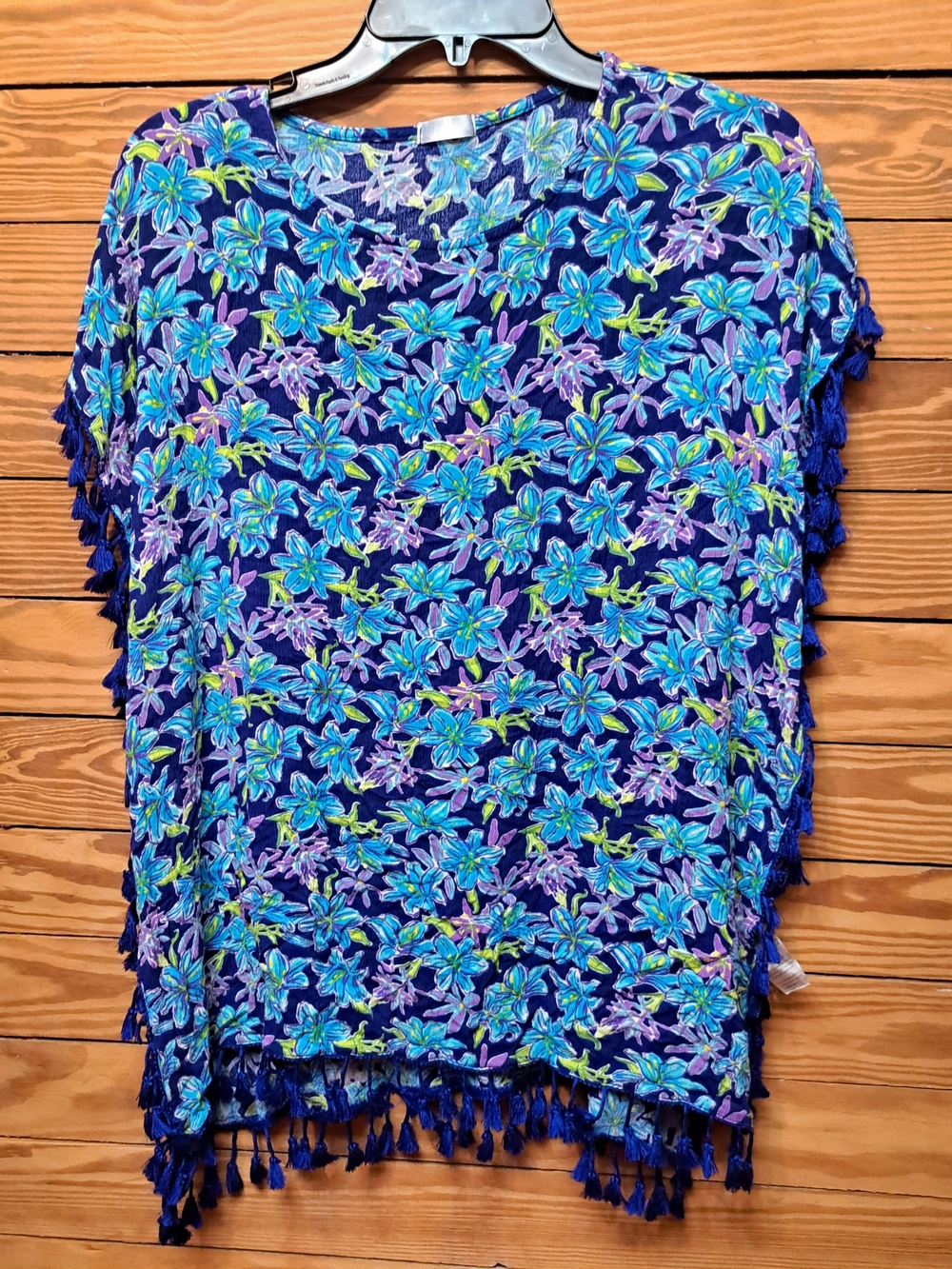 Mountain Mamas Women’s Blue Floral Swim Cover-Up with Tassel Trim Flirty Resort